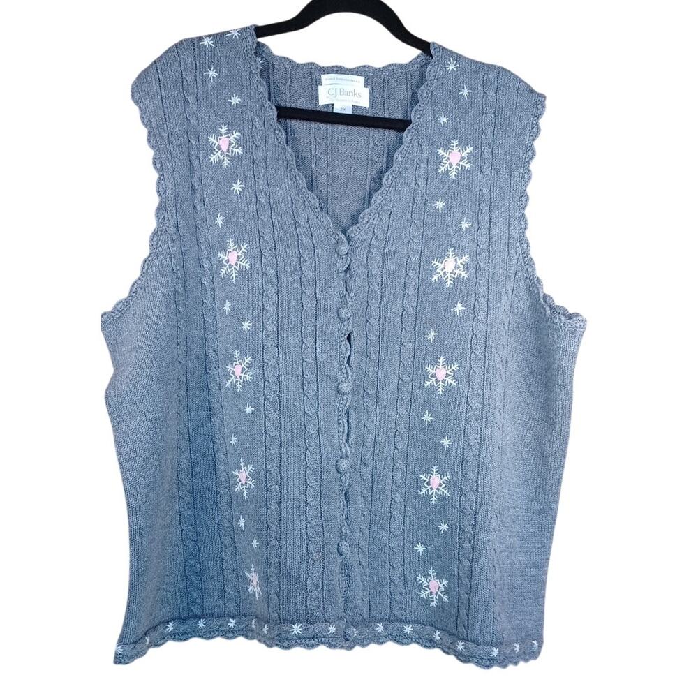 Vintage Y2K Hand Embroidered Snowflake & Hearts Gray Knit Sweater Vest Size 2X